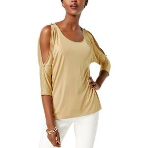 NWT INC International Concepts Going Global Metallic Gold Cold Shoulder Top S